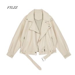 FTLZZ Spring Women Pu Leather Motorcycle Jacket Mujer con cinturón Color sólido Chaquetas Ladys Loose Casual Jacket 211110