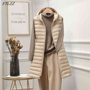 FTLZZ Winter Dames Ultra Licht Wit Eend Down Jasje Zipper Medium Lange Vest Casual Bovenkleding 4XL Plus Size Coat 210923