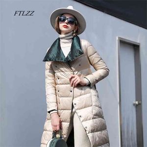 FTLZZ Femmes Double Face Vers Le Bas Longue Veste Double Boutonnage Neige Outwear Chaud Parka Col Montant Revers 90% Blanc Duvet de Canard Manteau 210819