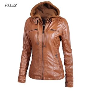 FTLZZ Femmes Faux Cuir Veste Pu Moto À Capuche Chapeau Détachable Casual En Cuir Plus La Taille 5xl Punk Survêtement 211204