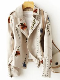 FTLZZ mujeres Retro estampado Floral bordado imitación suaves chaqueta de cuero abrigo cuello vuelto Pu Moto Biker negro Punk prendas de vestir exteriores 240124