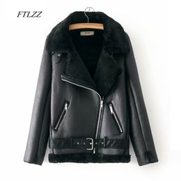 FTLZZ, chaqueta de invierno cálida de piel de cordero sintética para mujer, abrigo de piel sintética de cordero, cuello de piel de lana, chaqueta negra para motocicleta, abrigo Bomber 201020