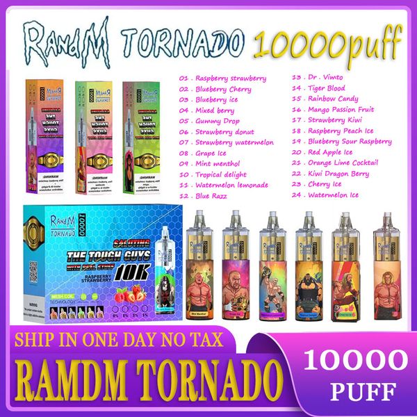 FU Original Randm Tornado 10000 Puffs Disposable Vape Pen Randm 10000 Puff 10000 E-cigarettes Rechargeable Batterie de commande Air Flow Control Bobine 20 ml POD PRÉFULTE