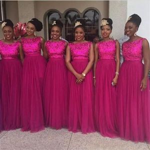 Fuchsia afrikaanse zomer bruidsmeisje jurken mouwloze lange tule bruiloft gasten feestjurken op maat gemaakte plus size meid van Honours BD8910
