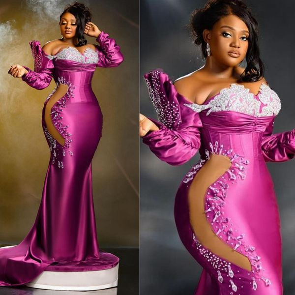 Nigeria africana Vestidos de fiesta de talla grande para ocasiones especiales Sirena con hombros descubiertos Ilusión Vestido de noche de manga larga Vestido de segunda recepción para mujeres negras AM346