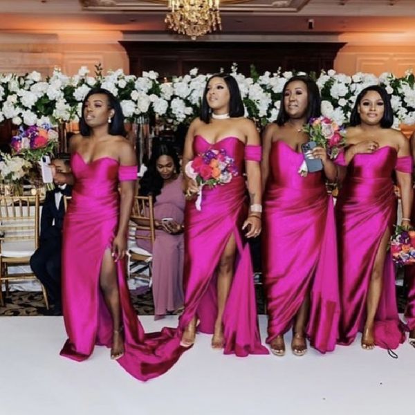 Vestidos de dama de honor fucsia Cariño Sin mangas Abertura lateral Sirena Niñas africanas Vestidos de dama de honor Vestidos de fiesta de invitados de boda de talla grande 2024