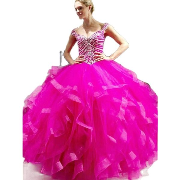 Fuchsia Cap Sleeve Quinceanera Robes Perles Top Tiere Sweet 16 Robe De Soirée Volants Layered Vestidos De 15 Anos