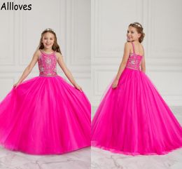 Fuchsia kristallen kralen van de optochtjurken van het kleine meisje halter prinses tule baljurk voor kinderen kinderen bloemenmeisje formele verjaardag communie formele jurk cl0924