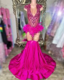 Fuchsia Diamonds Nieuwe prom Glitter Bead Crystal Rhinestones veren jurk voor zwarte meisjes verjaardagsfeestjesjurk