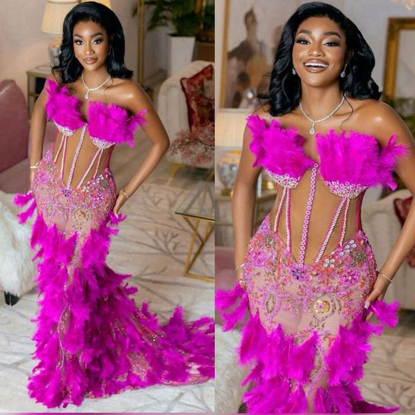 Fuchsia plume luxueuse robes de soirée élégante sirène illusion robe de bal en dentelle perlée robe de bal pour les femmes noires africaines filles robes de réception de fête NL025