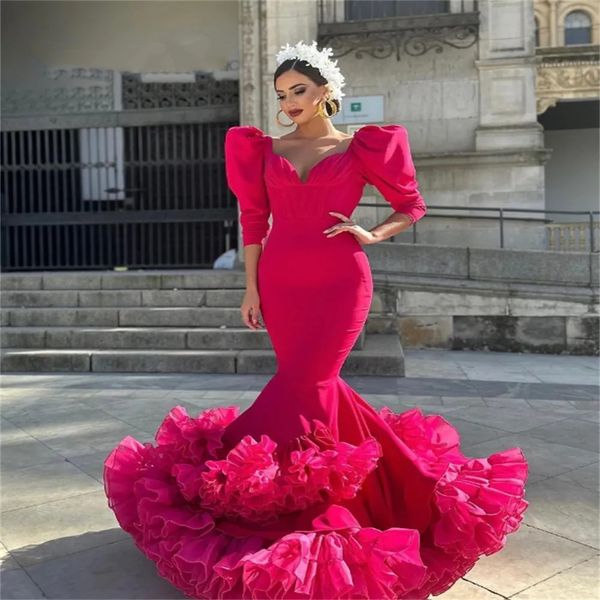 Vestido de fiesta de bailarina de flamenco fucsia 2023 Traje elegante Vestidos de noche de sirena con manga abullonada Ceremonia de fiesta de compromiso con volantes 322