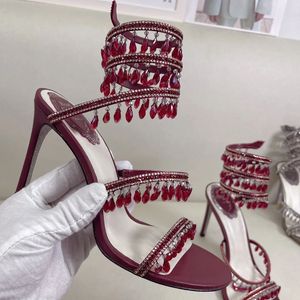 Fuchsia Flower Sandals Renecaovilla Serpentine 9,5 cm hoge hakken schoenontwerpers Crystal Rhinestone Decoratie Stiletto Heel Women Rome Sandaal 4-12 met doos 0633