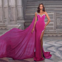 Fuchsia Zeemeermin Avondjurken Eén-schouder Strass Celebrity-jurk met hoge split voor speciale gelegenheden Chiffon Wrap Vestidos De Novia 326 326