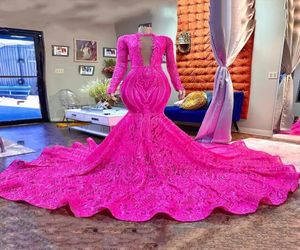 Fuchsia Mermaid Long Prom Dresses 2023 Rosa Red African Black Girl Lange mouwen Sparkly pailletten Luxe feest avondjurk BC17342034