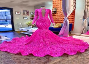 Fuchsia Mermaid Long Prom Dresses 2023 Rosa Red African Black Girl Lange mouwen Sparkly pailletten Luxe feest avondjurk BC18923854