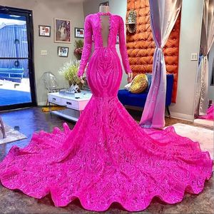 Fuchsia Mermaid Long Prom Dresses African Black Girl Long Sheeves Sparkly Pailles Lace Luxury Party Evening Jurk