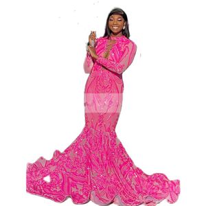 Fuchsia Mermaid Prom Dresses 2023 Afrikaanse zwarte meid partyjurk voor afstudeerfeestjes pailletten Lace Sweep Train Pageant Dress