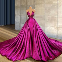 Fuchsia zeemeermin prom jurken met afneembare trein sweetheart nek overskirt avondjurken feestjurk speciale gelegenheid gewaad de soiree