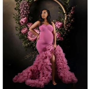 Batas de maternidad de LICRA y sirena fucsia para mujeres embarazadas, vestido para sesión de fotos con forma de corazón, vestido largo hasta el suelo con abertura lateral para Baby Shower