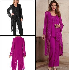 Fuchsia Mother Bride Groom Robes Broiderie Mère de la mariée Pantalons de marié Costumes avec veste Robes de fête de fête Robes de soirée