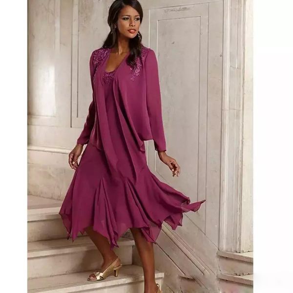 Fuchsia mère de la mariée robes avec vestes dentelle mousseline de soie longueur de thé mères robes d'invités de mariage grande taille robe De Novia