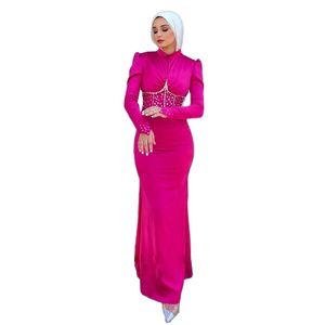 Fuchsia robes De soirée musulmanes col haut perle paillettes maroc femmes robe formelle Satin arabe dubaï femme robes De soirée