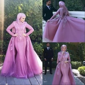 Fuchsia moslim zeemeermin trouwjurken met afneembare trein 2023 kanten applique hoge nek hijab saoedi -Arabische bruidsjurken
