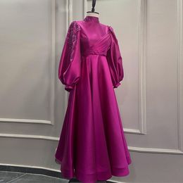 Fuchsia moslim prom -jurken lantaarn mouwen caftan marocain formele kleding plooien ruches marokkaanse avondjurk