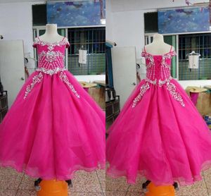 Fuchsia organza meisjes pageant prom dresses koude schouder veter-up prinessionele gelegenheid formele avondjurken tieners afstudeer jurk peuter lang