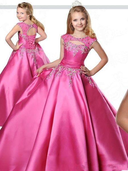 Fuchsia Pageant Robes Crew Neck Floor Longueur Ball Ball Flower Girls with Lace Up Back Robe formelle perlée pour les adolescents BC2425