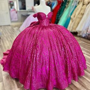 Fuchsia roze glitter kristal lovertjes quinceanera jurken baljurk uit de schouder kralen tule corset vestidos 15 de xv anos