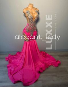 Robe de bal longue scintillante rose Fuchsia pour femmes, tenue de soirée de luxe avec diamants et cristaux noirs, tenue de soirée formelle de Gala, 2024