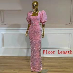 Fuchsia rose sirène arabe robes de bal avec manches bouffantes 2022 col carré scintillant perlé paillettes africaine Aso Ebi soirée robe de fiançailles