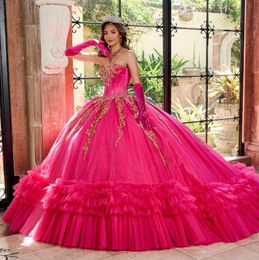 Fucsia Rosa brillante princesa vestidos de quinceañera Gillter apliques con cuentas vestidos de novia de 15 anos baile dulce 16 vestido