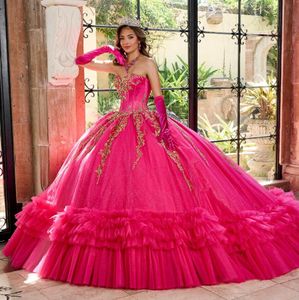 Fuchsia Roze Sparkly Prinses Quinceanera Jurken Gillter Applique Kralen Sweetheart vestidos de 15 anos Prom Sweet 16 Gown