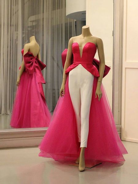 Fuchsia rose tache combinaison robes de bal avec grand nœud supprimer Train 2022 balayage train chérie arabe robe de soirée pantalon costume