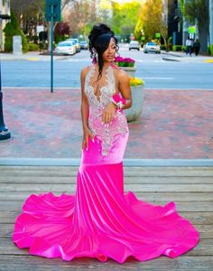 Fuchsia Pink Velvet Evening Reception Party Robes 2024 Sparkly Luxury Diamond Crystal Black Girl Prom Birthday Gala Robe