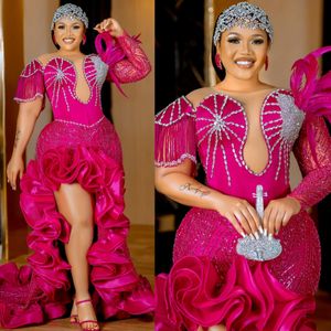 Fuchsia Plus Size Aso ebi prom jurken pure nek zeemeermin hoge gesplitste formele avondjurken elegante verjaardagsfeestjurk kralen veer tweede receptie jurk am315