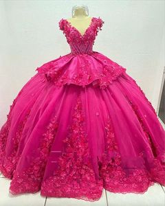 Fuchsia Princess Quinceanera Dresses 2023 Sheer Neck Lace-Up Corset 3d Floral Black Girl Vestido de 15 Anos Quinceanera Princesa 0509