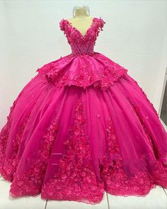 Fuchsia princesse Quinceanera robes 2023 col transparent à lacets Corset 3D Floral noir fille vestido de 15 anos quinceanera princesa