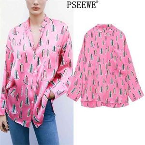 Fuchsia gedrukt satijn shirt vrouwen mode lente zakken lange mouw chique vrouw blouse casual button up 210519