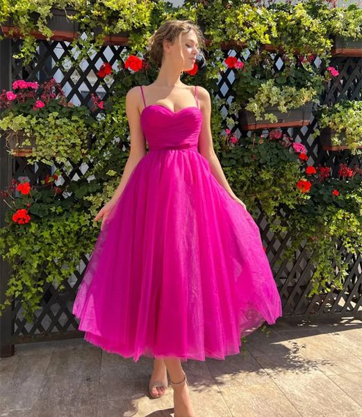 Vestidos de fiesta fucsia con volantes y tirantes finos, longitud del té, tul de talla grande, ocasión Formal, vestido de fiesta de noche HD1010