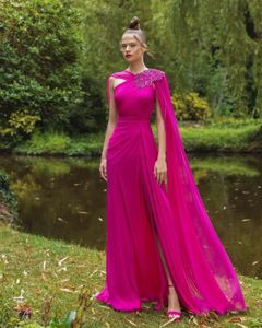 Fuchsia Galajurken met Split V-hals Met Kralen Applicaties Mouwloze Avondjurk Chiffon A-lijn Dames vestidos de novia