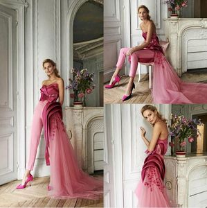 Fuchsia Prom Jumpsuit avec Side Remove Train 2022 Sweetheart Ruffles Robe de soirée florale 3D avec pantalon Costume Robes de fiançailles