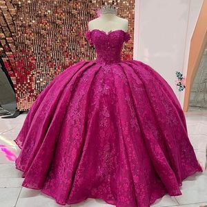 Fuchsia quinceanera robes mexicain sweetheart moule gonfle lacet corset off épaule applique princess vestidos de xv anos