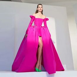 Fuchsia Saudi Arabische Prom jurken Uit De Schouder Lange Mouwen Avondjurken Afneembare Trein Overrokken Meisjes Party Vestidos