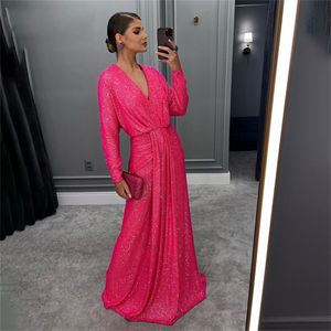 Vestidos de noche con lentejuelas fucsia, cuello en V, manga larga, vestido Formal de línea A, vestido plisado de talla grande para mujer, vestido especial Ocn 326 326