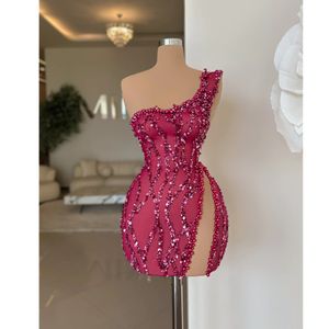 Fuchsia robes De Cocktail courtes argent une épaule robe De bal robes De Gala grande taille robe d'anniversaire pour les femmes YD