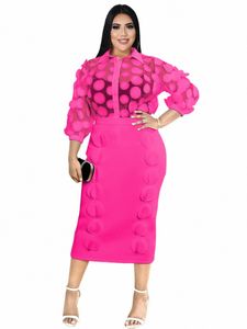 Fuchsia Femmes Plus Taille Deux Pièces Ensemble Voir À Travers Chemise En Maille Col Rabattu Haut Slim Jupe Crayon Fendue Bureau Travail Porter Costume 34Ev #