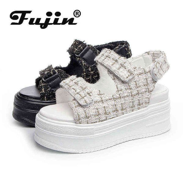 Fujin 8cm Plate-forme Sandales Chaussures Compensées Été Femmes Toile Tissu Crochet Boucle Super Talon Chaussures De Plage Diapositives Pantoufles pour Femmes Y220421